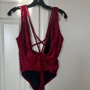 Leith Red Velvet Low Cut Open Back Bodysuit